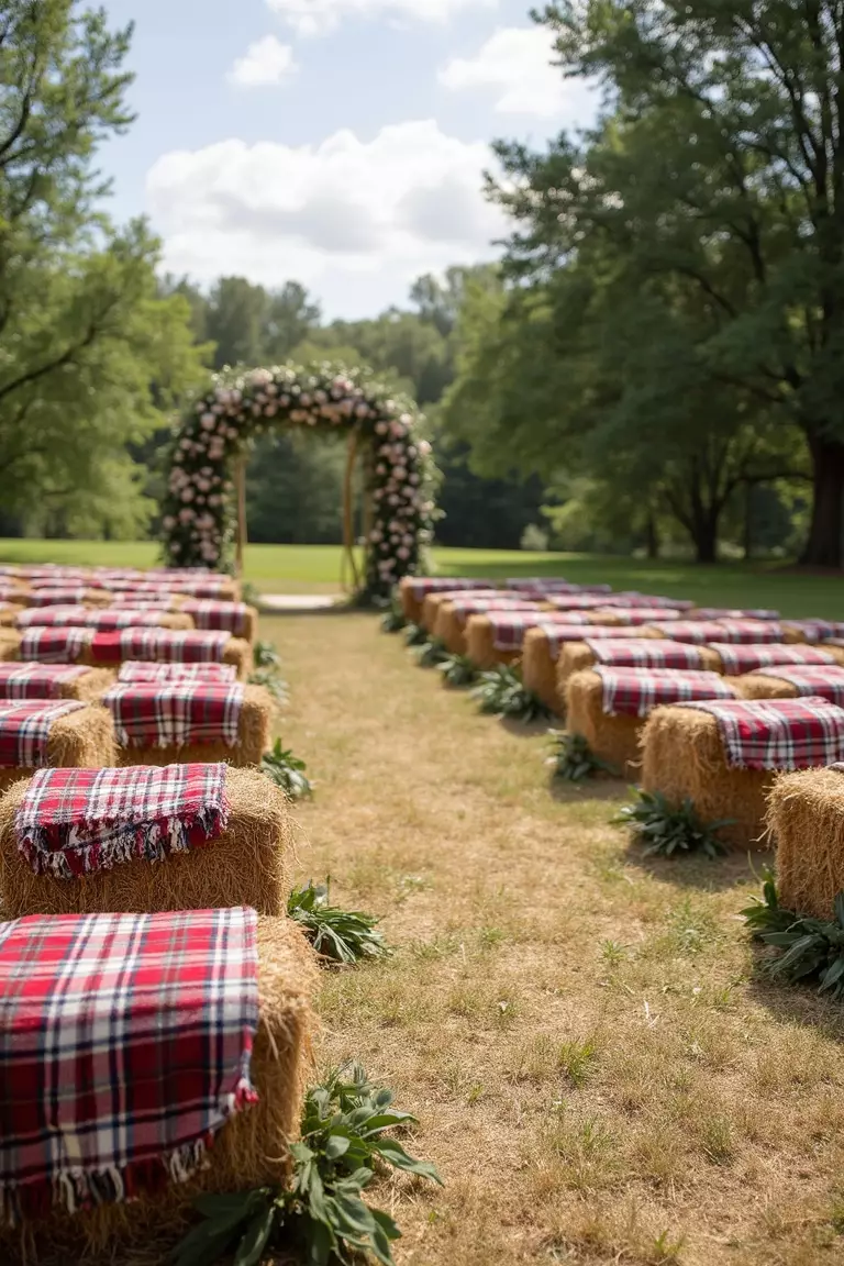 Hay Bale Seating A professional photo, similar to a photo in a wedding magazine, of an outdoor wedding ceremony setup with hay bales covered in plaid blankets for guest seating.