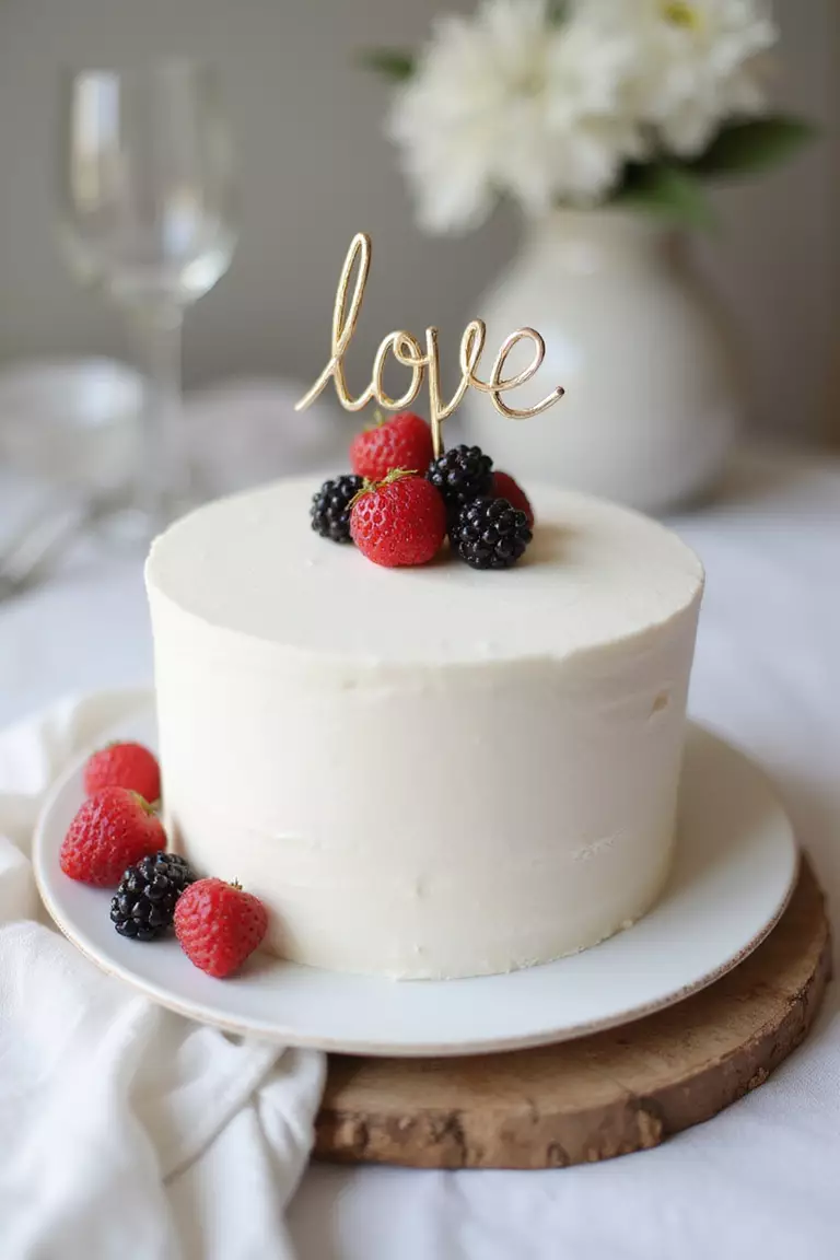 Charming Cake Topper A professional photo, similar to a photo in a wedding magazine, of a simple white cake adorned with fresh berries and a delicate gold wire