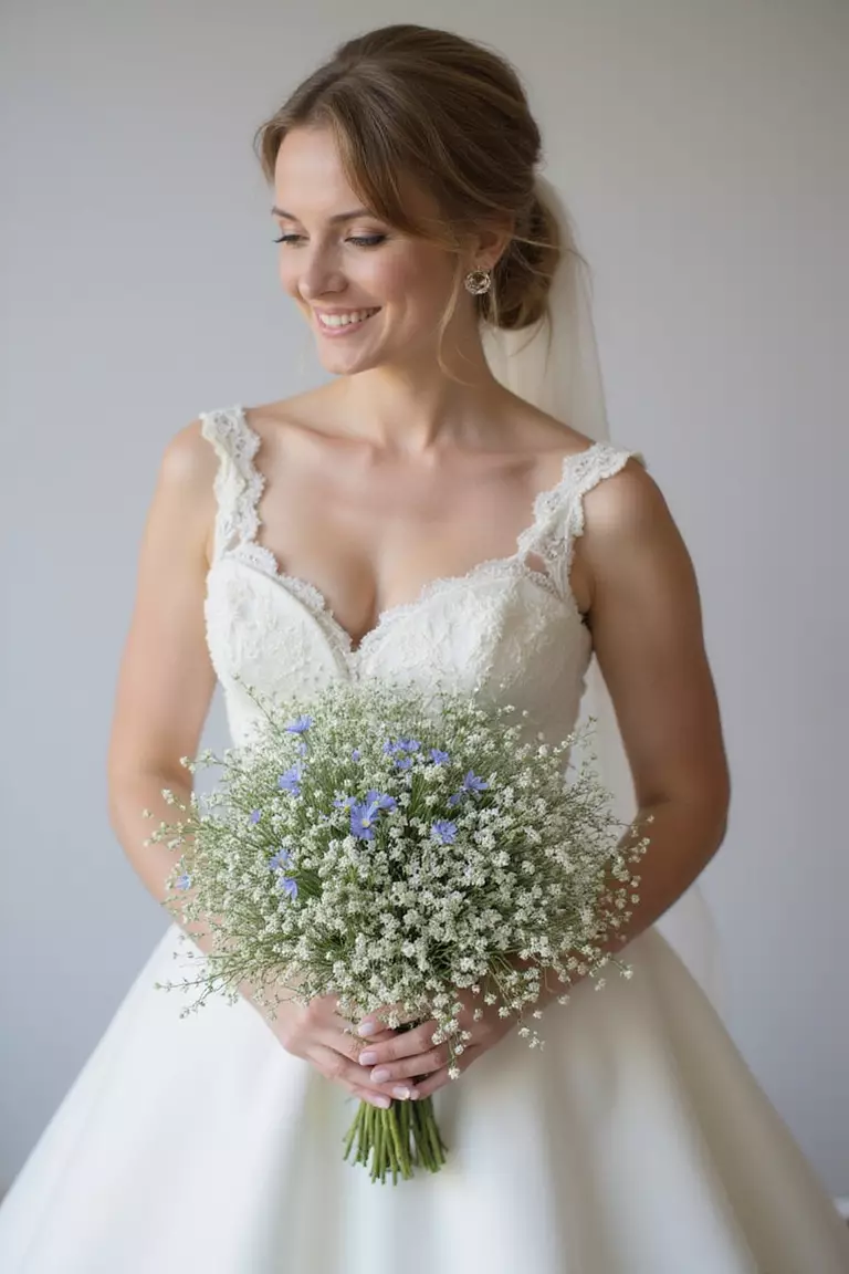 Boho Baby's Breath A professional photo, similar to a photo in a wedding magazine, of a bride holding a large, airy bouquet primarily made of baby's breath with a few scattered tiny blue Forget-Me-Nots.