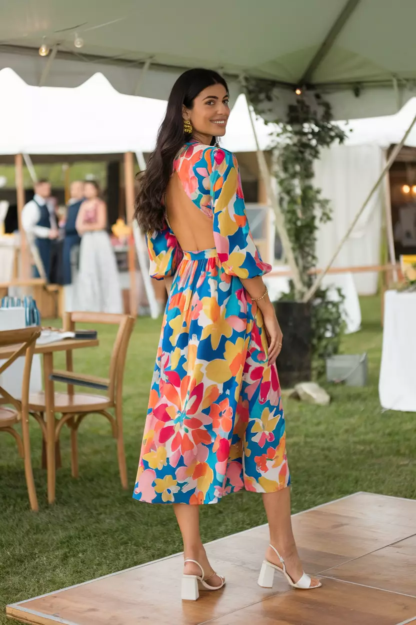 Colorful Floral Midi Dress With Open Back A beautiful woman in a stylish colorful floral midi dress featuring an open back detail, outdoor summer wedding reception.