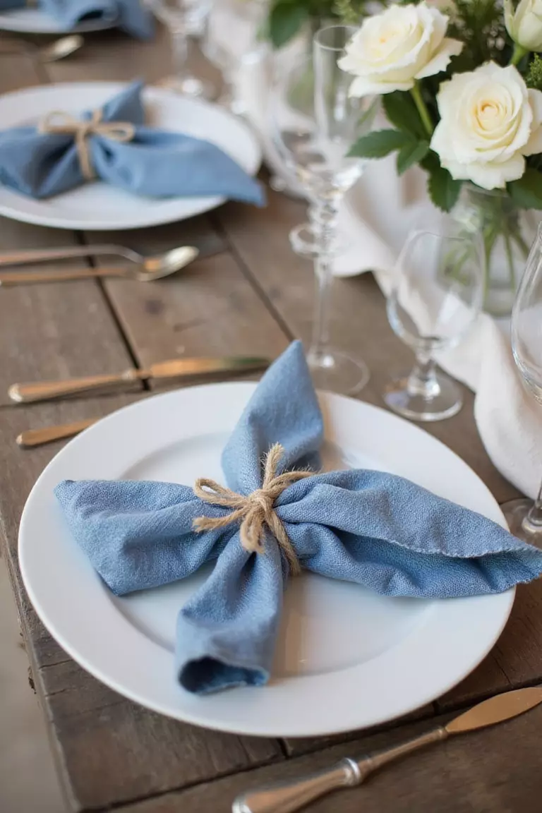 Denim Details A professional photo, similar to a photo in a wedding magazine, of wedding reception tables with denim napkins tied with twine, placed on white plates.