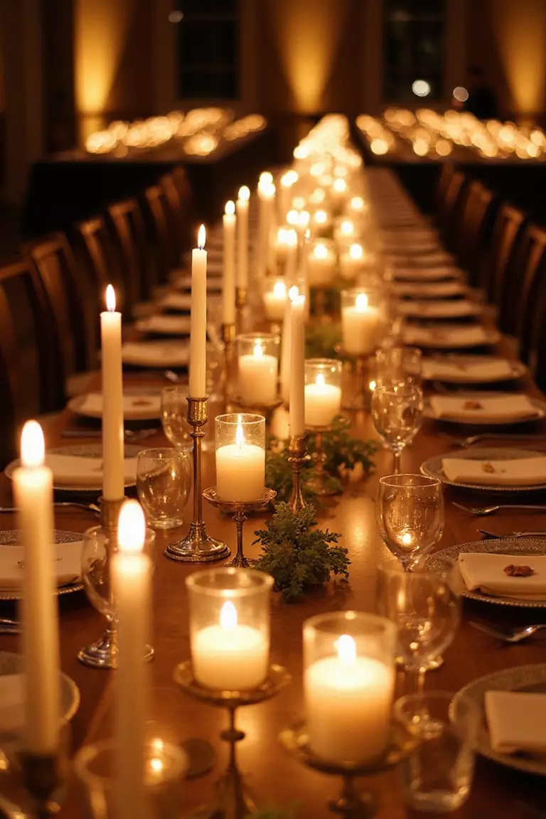 Candlelit Reception Dinner A professional photo, similar to a photo in a wedding magazine, of long reception tables adorned with numerous tall taper candles in ornate holders, casting a warm, romantic glow across the room.