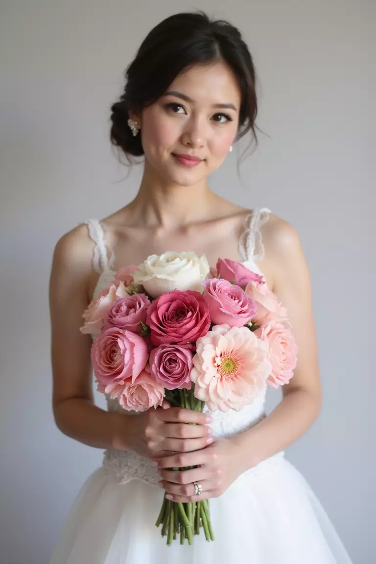 Ombre Effect A professional photo, similar to a photo in a wedding magazine, of a bride holding a bouquet arranged with flowers smoothly transitioning from dark pink at the bottom to pale pink at the top. Neutral background.