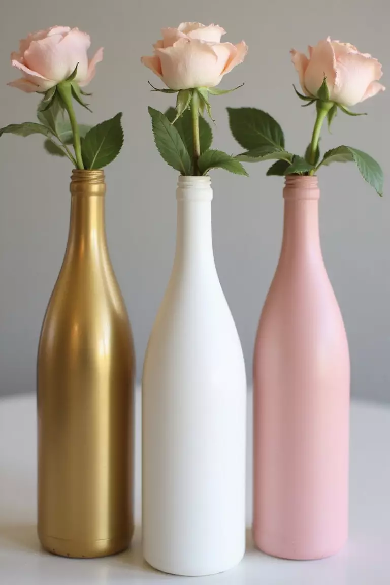 Wine Bottle Wonders A professional photo, similar to a photo in a wedding magazine, of three painted wine bottles (gold, white, pink) used as vases holding single long-stemmed roses.