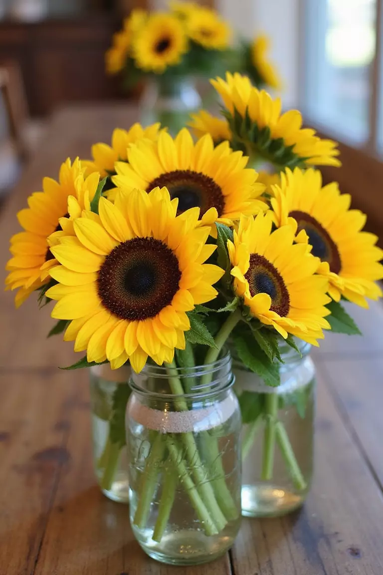 Sunflowers A professional photo, similar to a photo in a wedding magazine, of bright yellow sunflowers arranged cheerfully in mason jars as rustic wedding centerpieces on a wooden table.