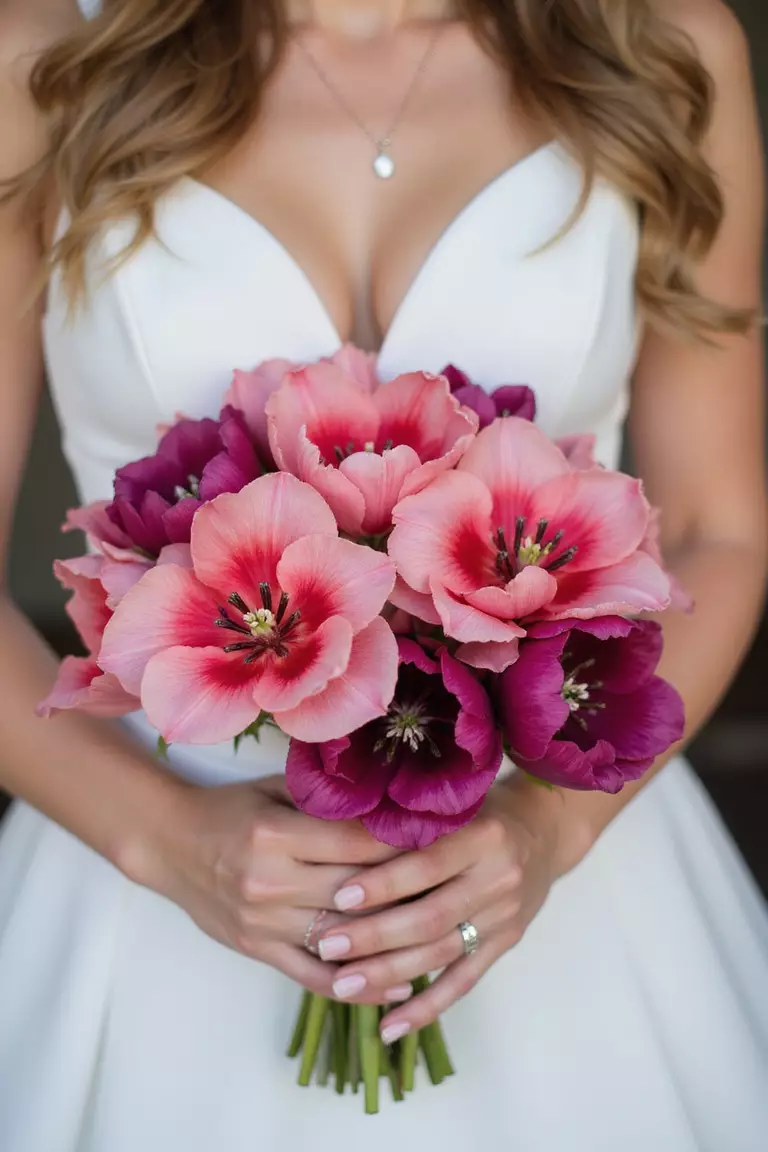 Monochrome Tulip Bouquet A professional photo, similar to a photo in a wedding magazine, of a bride holding an ombre bouquet with tulips ranging from palest pink to deep magenta.
