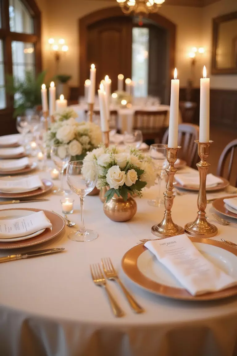 Champagne And Rose Gold A professional photo, similar to a photo in a wedding magazine, of champagne-colored tablecloths adorned with rose gold cutlery and candle holders. Elegant, warm glow from candles.