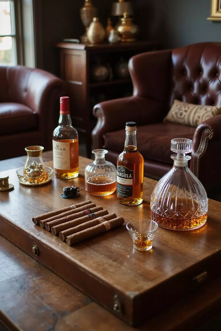 Whiskey And Cigar Bar A professional photo, similar to a photo in a wedding magazine, of a sophisticated station with aged whiskeys in crystal decanters, fine cigars in a humidor, and leather armchairs nearby.