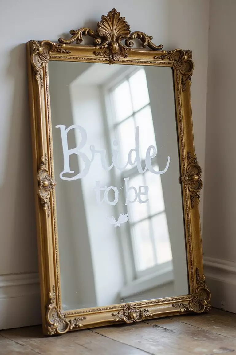 Mirror With Calligraphy A professional photo, similar to a photo in a wedding magazine, of an ornate vintage gold mirror leaning against a wall, with