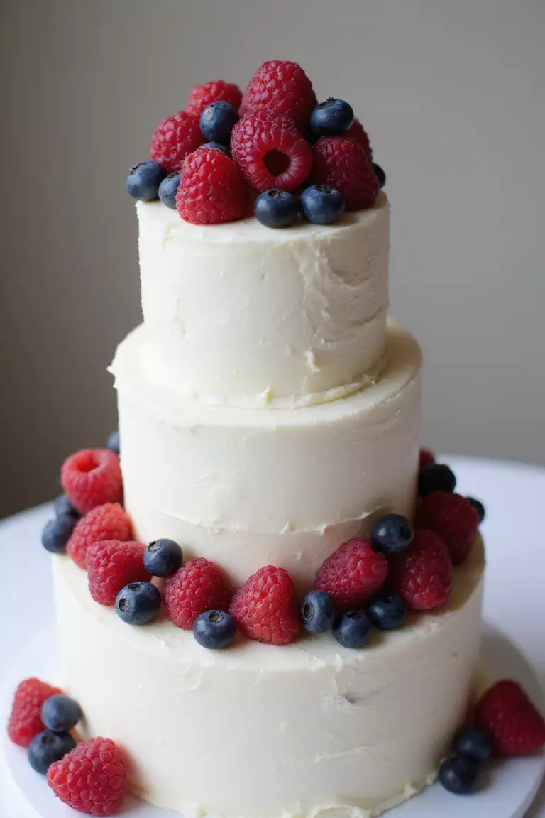 Raspberry And Blueberry Tones A professional photo, similar to a photo in a wedding magazine, of a tiered wedding cake adorned with fresh raspberries and blueberries. Deep berry colors against white frosting.