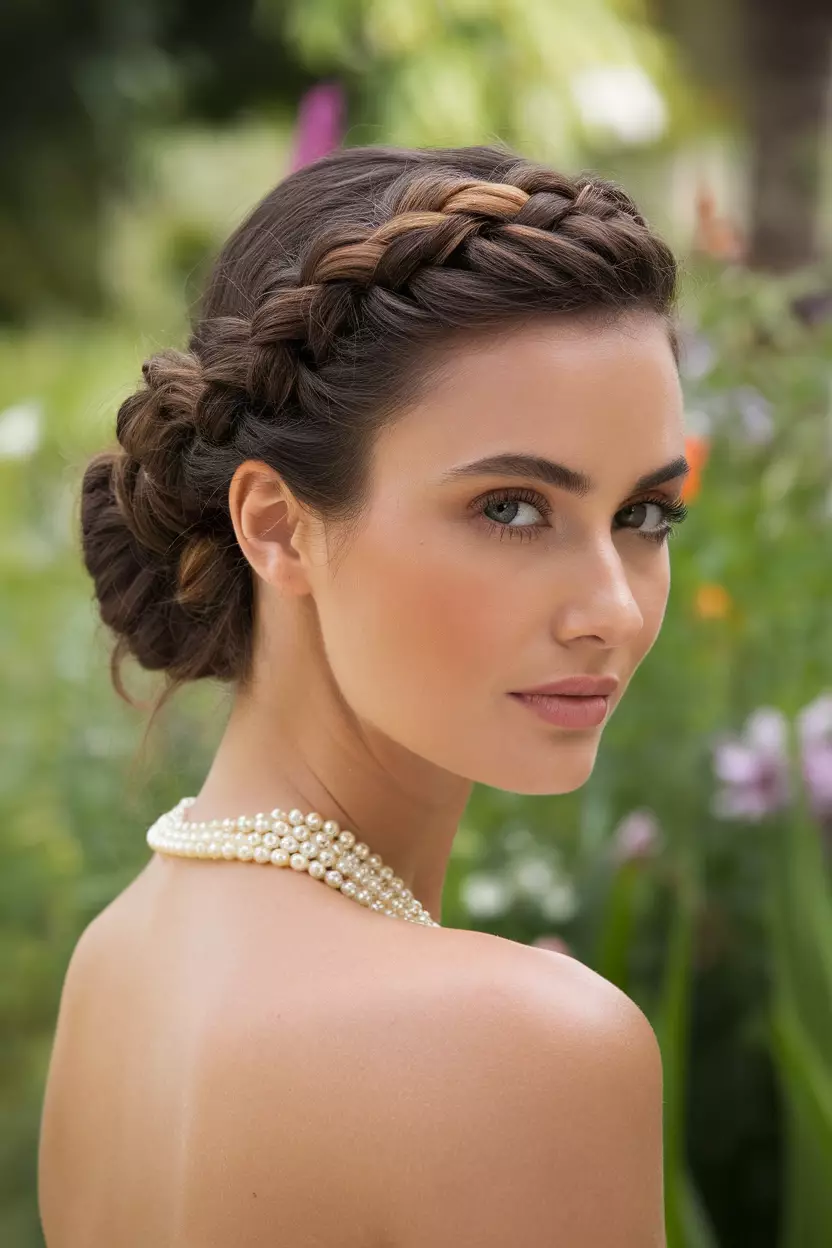 Braided Updo A beautiful woman with a braided updo hairstyle, intricate braids woven into an elegant updo, perfect for a summer wedding.