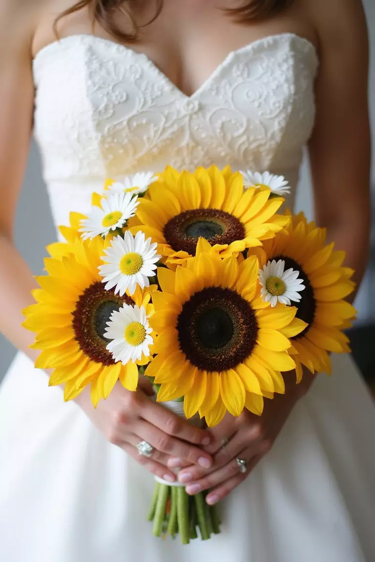 Sunflowers And Daisies A professional photo, similar to a photo in a wedding magazine, of a bride holding a cheerful bouquet combining large sunflowers with smaller, simple white daisies for a fresh, wildflower look.