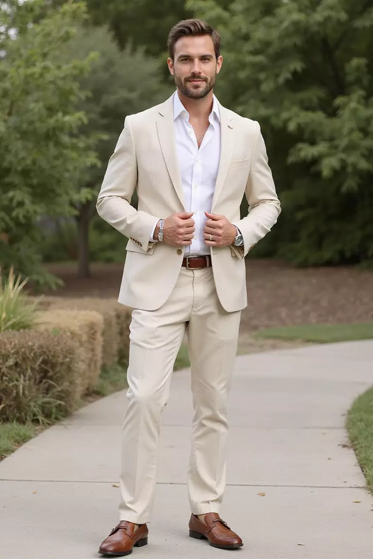 Linen Suit with No Tie A professional photo, similar to a photo in a wedding magazine, of a man wearing a light beige linen suit with an open-collar white shirt, no tie, and brown leather loafers at an outdoor summer wedding.