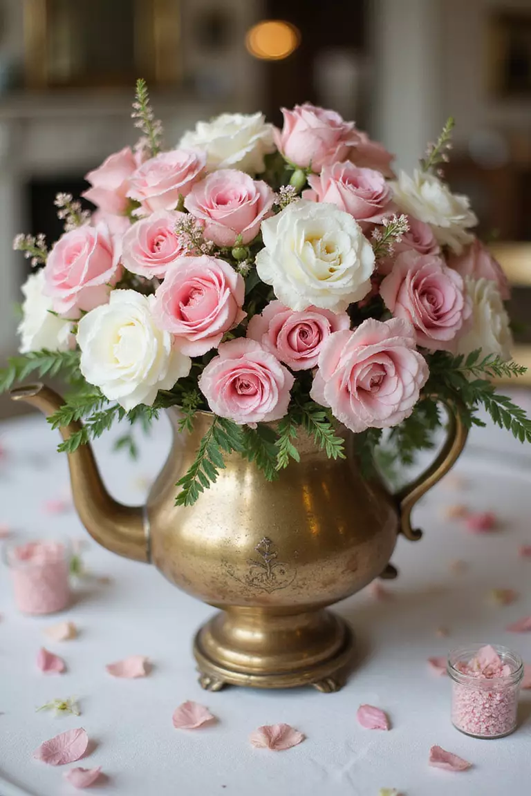 Make A Teapot Centerpiece A professional photo, similar to a photo in a wedding magazine, of a large, ornate vintage teapot overflowing with fresh pink and white flowers serving as a stunning table centerpiece.