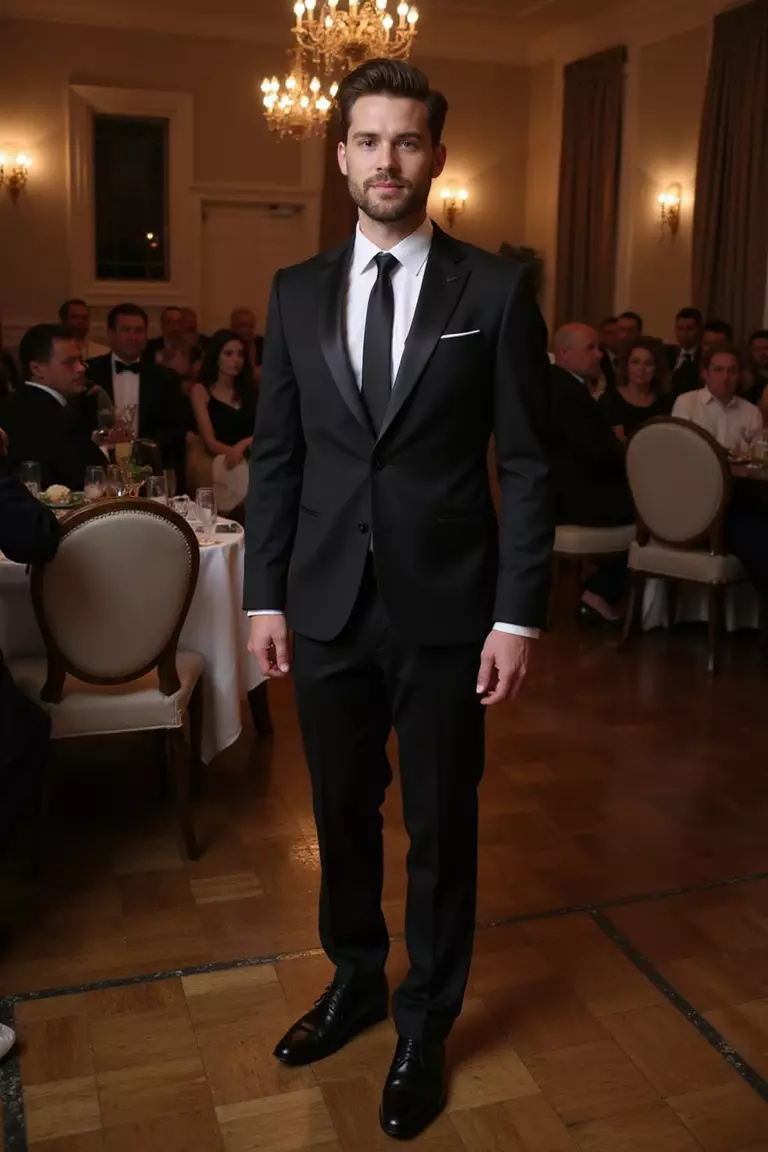 Black and White A professional photo, similar to a photo in a wedding magazine, of a man wearing a black suit, crisp white shirt, black tie, and black dress shoes at an evening wedding reception