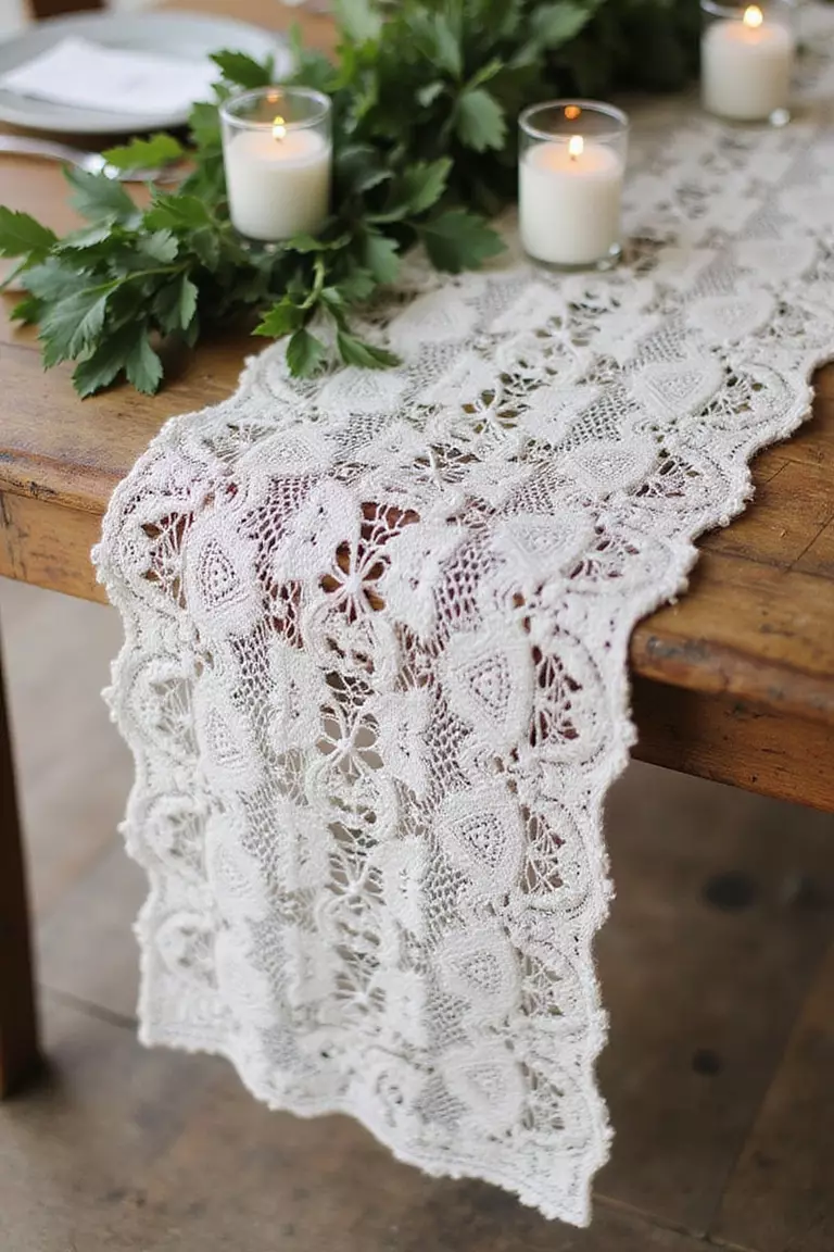 Stylish Table Runners A professional photo, similar to a photo in a wedding magazine, of a lace table runner laid over a rustic wooden table, topped with simple greenery and white candles in glass holders.
