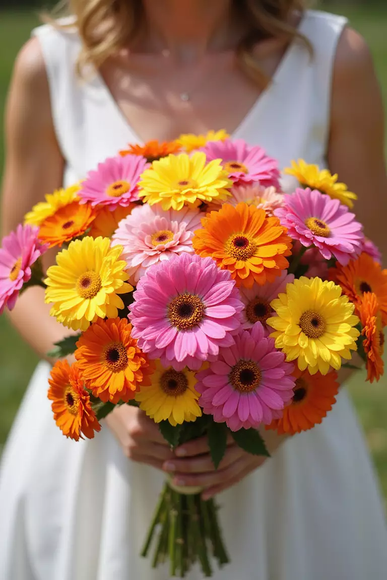 Zesty Zinnias A professional photo, similar to a photo in a wedding magazine, of a vibrant bouquet bursting with multi-colored zinnias in pink, orange, and yellow, held cheerfully. Bright sunny day background. No text.
