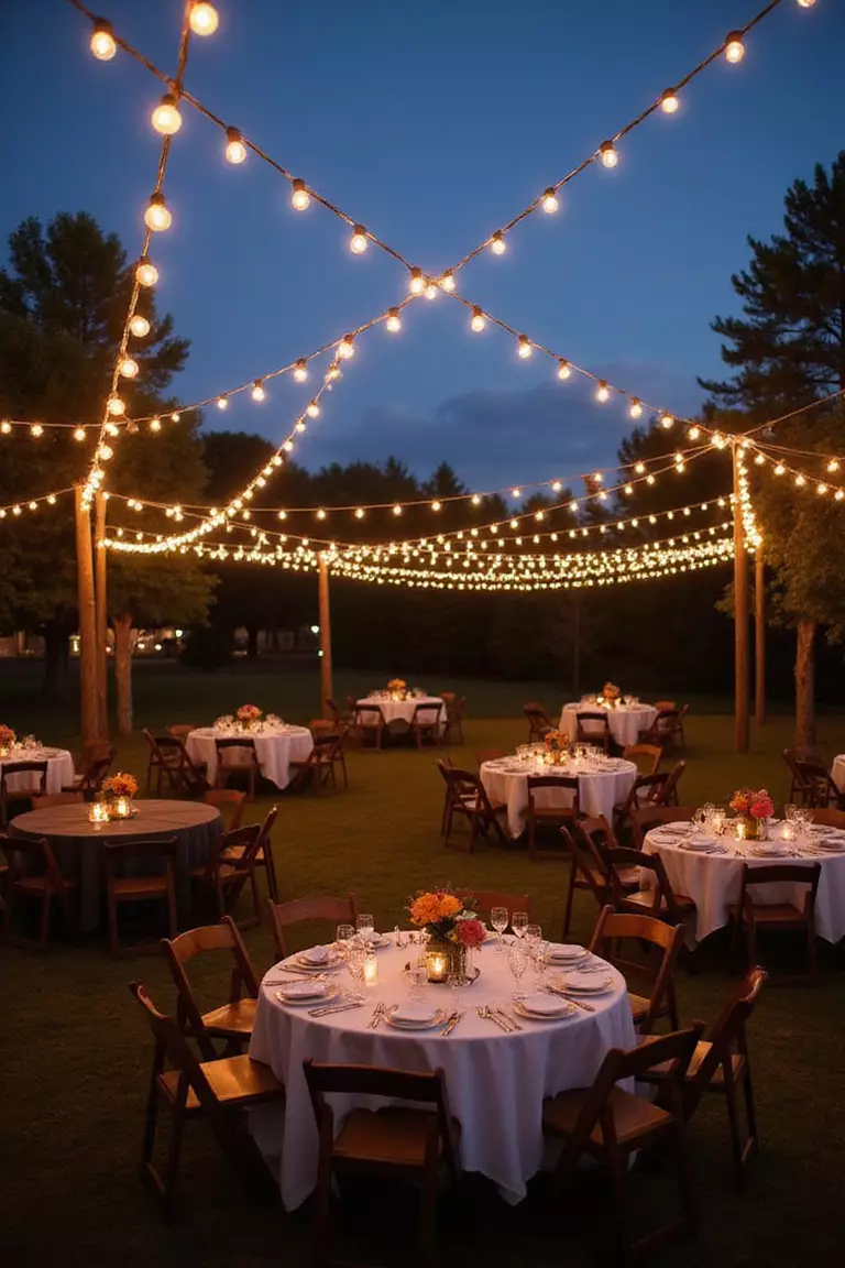 Decorate With String Lights A professional photo, similar to a photo in a wedding magazine, of warm, glowing string lights crisscrossing above an outdoor wedding reception area at dusk, creating a magical atmosphere.