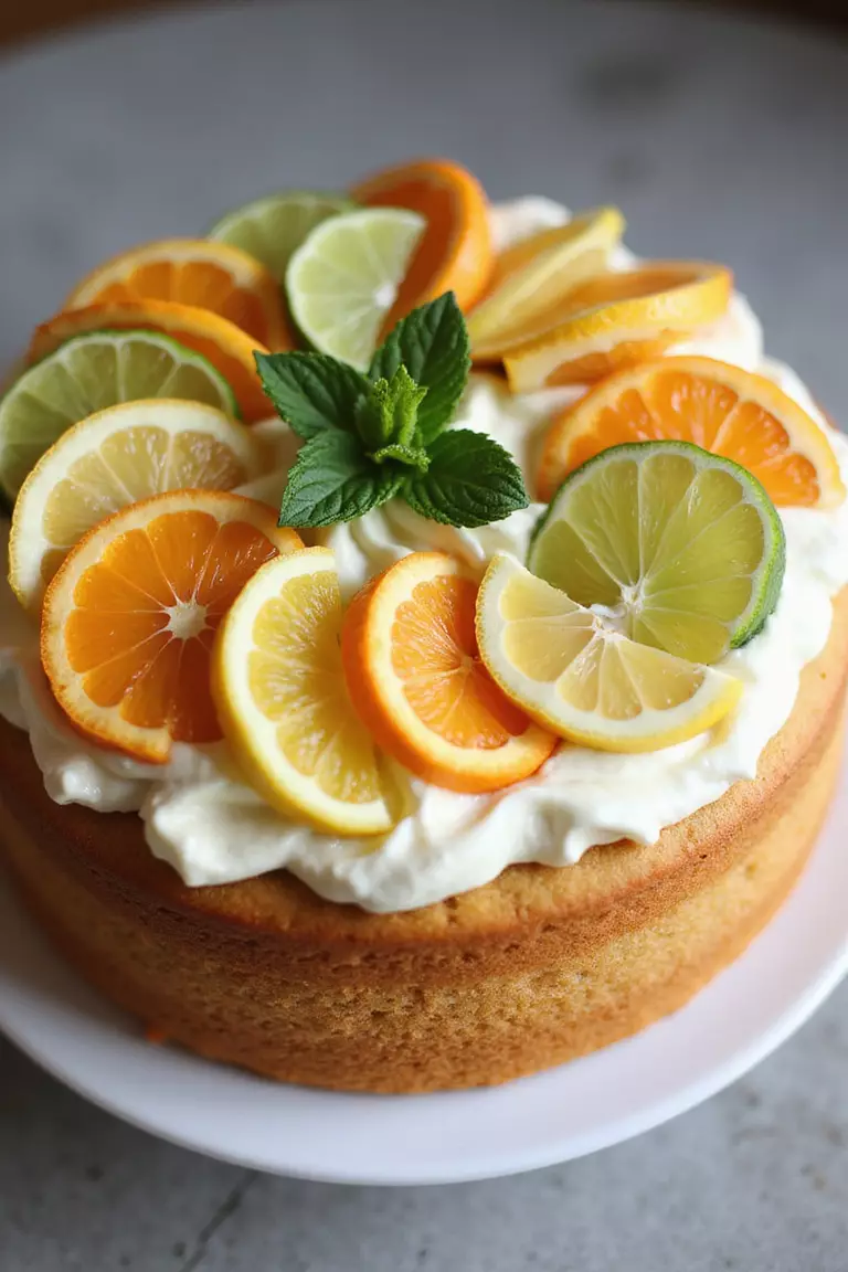 Fruit Forward Cake A professional photo, similar to a photo in a wedding magazine, of a lemon cake topped generously with sliced fresh citrus fruits like oranges, lemons, and limes, plus mint leaves.