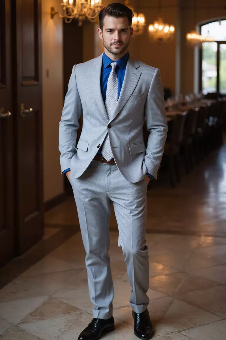 Subtle Pinstripe Suit A professional photo, similar to a photo in a wedding magazine, of a man wearing a light gray pinstripe suit with solid blue shirt, silver tie, and black shoes at a formal venue