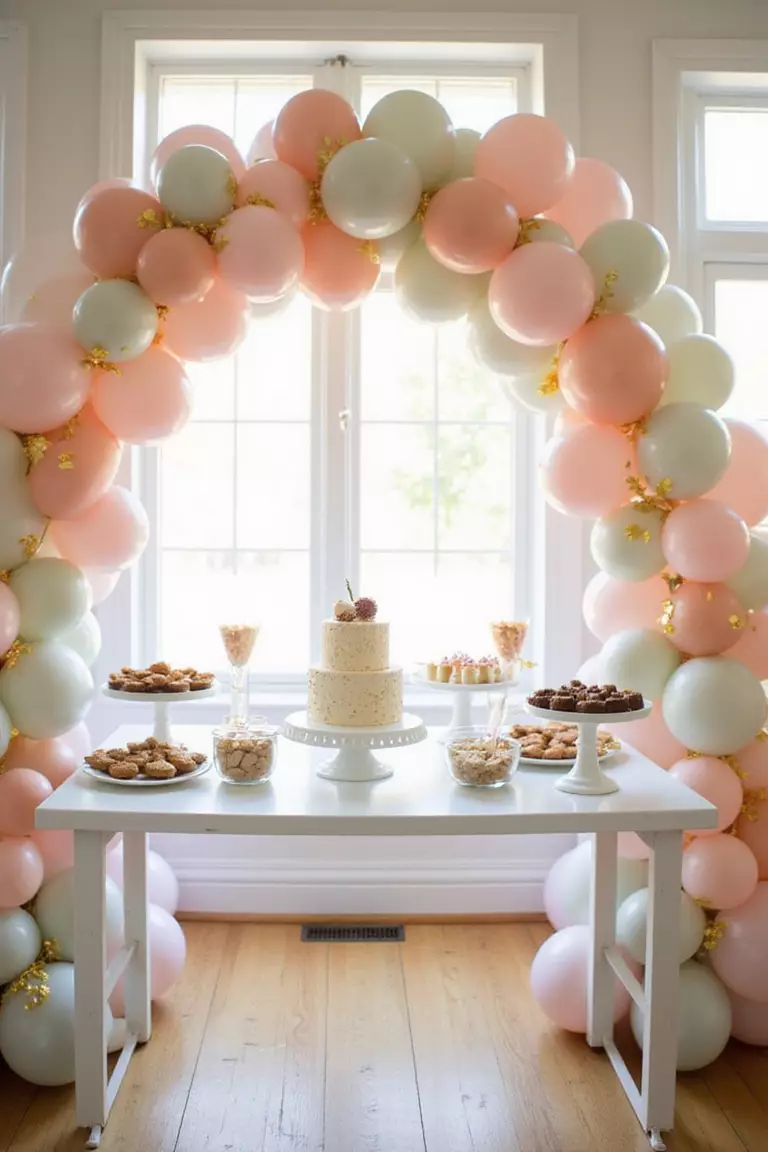 Eye Catching Balloon Arch A professional photo, similar to a photo in a wedding magazine, of a pastel balloon arch with gold confetti balloons framing a white dessert table filled with treats. Sunlight streams through a window.