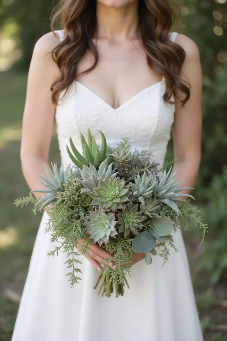 Air Plant And Succulent Blend A professional photo, similar to a photo in a wedding magazine, of a bride holding a unique textured bouquet composed mainly of various succulents and Tillandsia air plants with minimal floral accents.