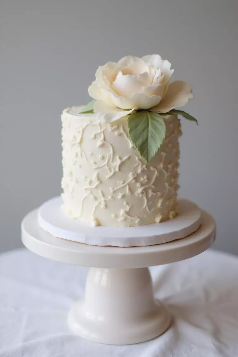 Single Tier Gem A professional photo, similar to a photo in a wedding magazine, of a beautifully decorated small, single-tier cake with intricate piping and a single large sugar peony on top.