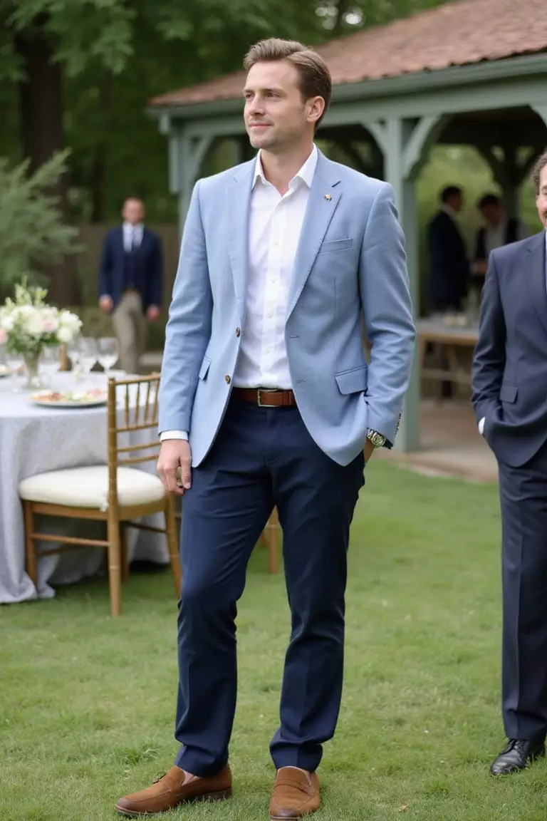 Smart Chinos and Blazer Combo A professional photo, similar to a photo in a wedding magazine, of a man wearing navy chinos, a light blue blazer, white button-down shirt, and brown suede loafers at a garden wedding reception.