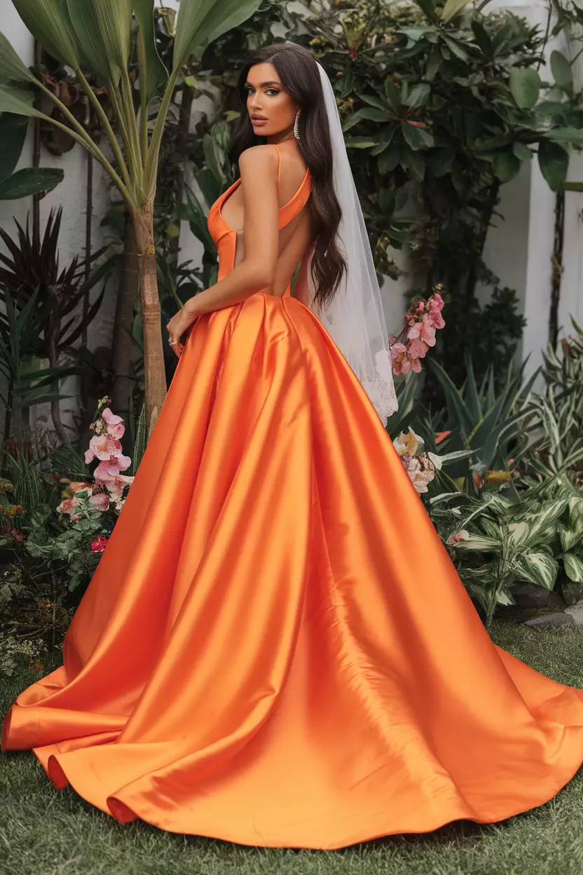 Orange Satin Maxi Dress With Open Back A beautiful bride wearing a vibrant orange satin maxi dress featuring a daring open back design and a sleek silhouette.