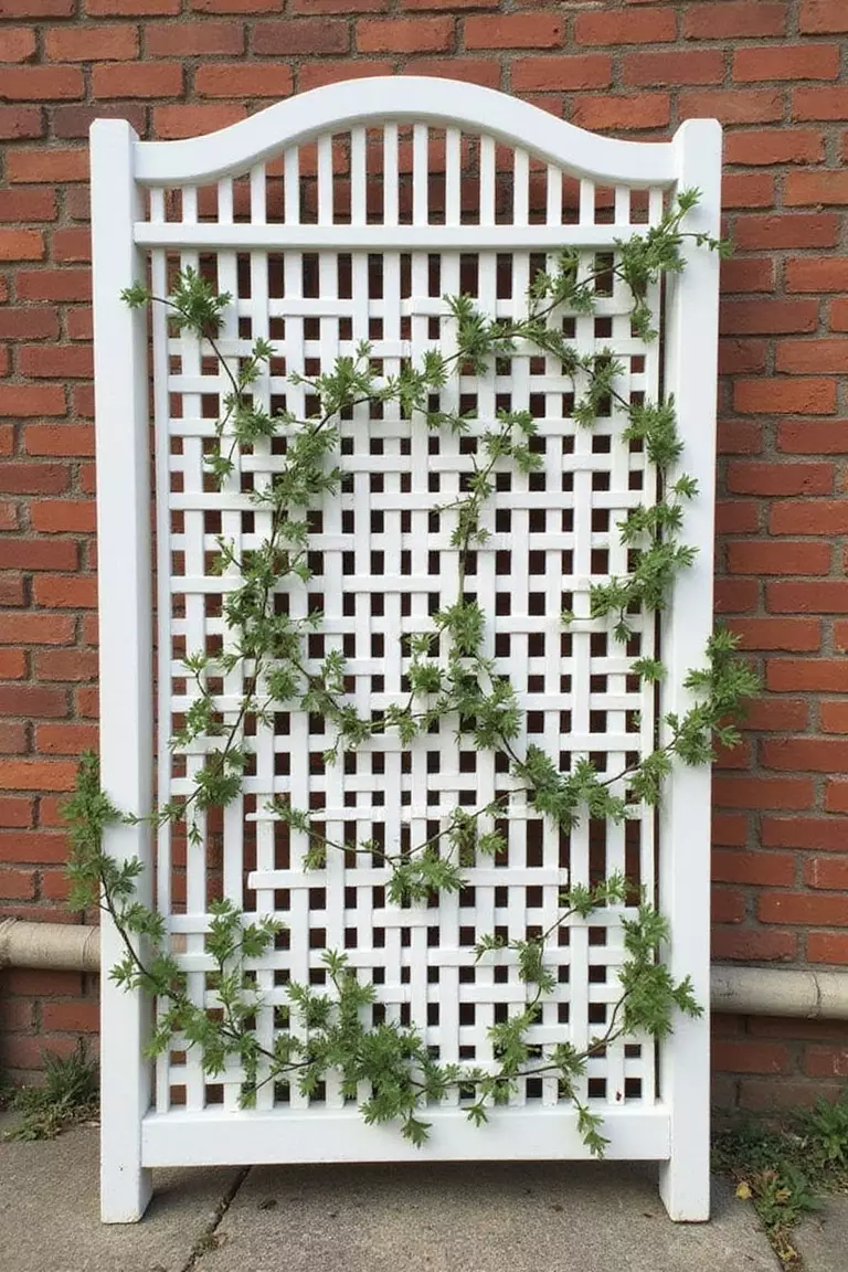 Lattice Screen With Vines A professional photo, similar to a photo in a wedding magazine, of a white wooden garden lattice screen with faux ivy vines woven through it, standing in front of a brick wall.