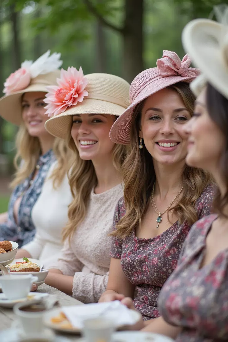 Wear Fancy Hats Or Fascinators A professional photo, similar to a photo in a wedding magazine, of smiling guests wearing stylish fascinators and wide-brimmed hats adorned with flowers and ribbons at a garden tea party.