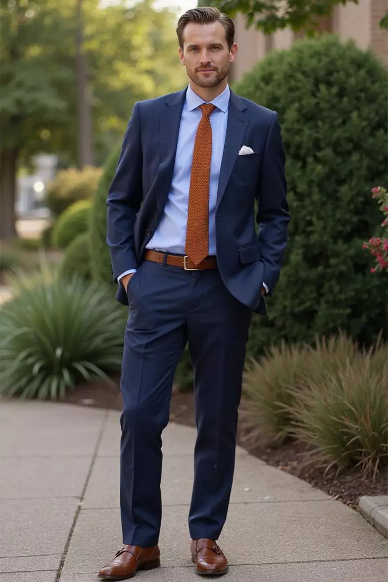 Navy Suit with Knit Tie A professional photo, similar to a photo in a wedding magazine, of a man wearing a lightweight navy suit, light blue shirt, rust-colored knit tie, and brown loafers at a summer evening wedding.