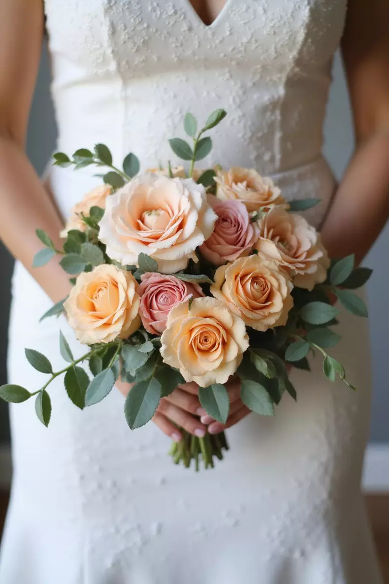 Garden Rose Charm A professional photo, similar to a photo in a wedding magazine, of a bride holding a romantic, slightly loose bouquet filled with ruffled peach and pink garden roses and fragrant eucalyptus leaves.