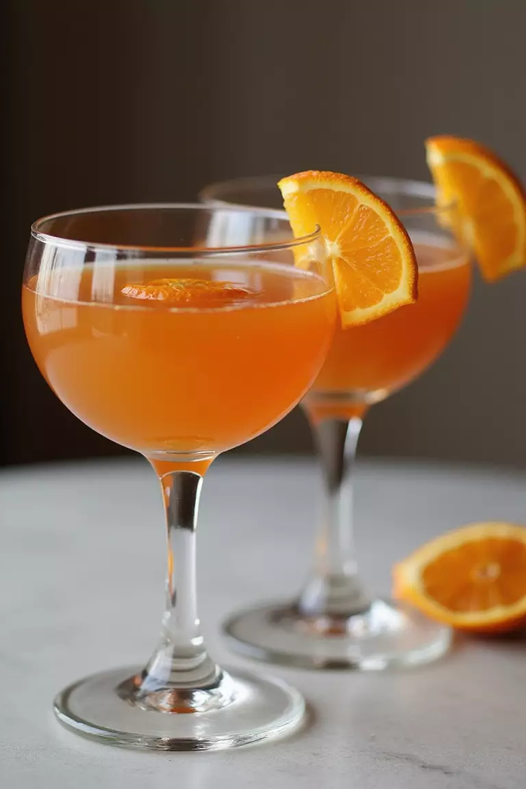 Classic Cocktails A professional photo, similar to a photo in a wedding magazine, of elegant coupe glasses filled with classic Sidecar cocktails, garnished with orange peel.