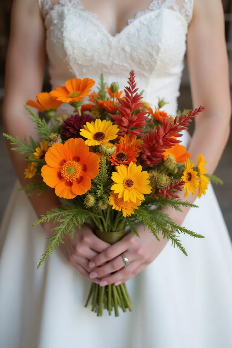 Sunset Hues A professional photo, similar to a photo in a wedding magazine, of a bride holding a vibrant wildflower bouquet with orange California poppies, yellow coreopsis, and deep red Indian paintbrush.