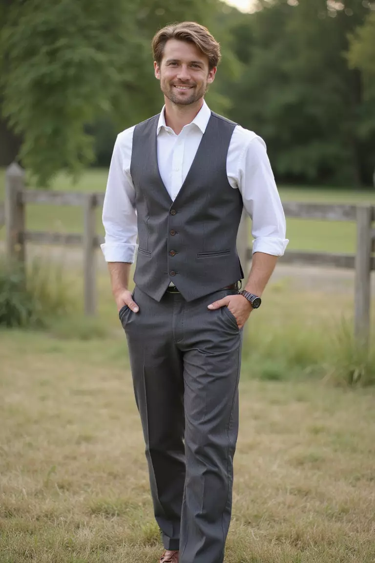 Vest and Rolled-Up Sleeves A professional photo, similar to a photo in a wedding magazine, of a man wearing dress pants, a button-down shirt with rolled sleeves, a matching vest, and no jacket at a rustic summer wedding.