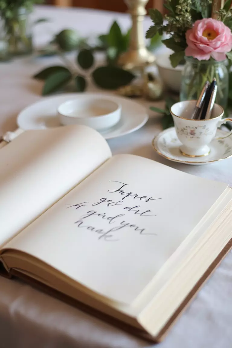 Prepare A Guest Book A professional photo, similar to a photo in a wedding magazine, of an open guest book with elegant script, placed next to a vintage teacup holding pens on a decorated table.