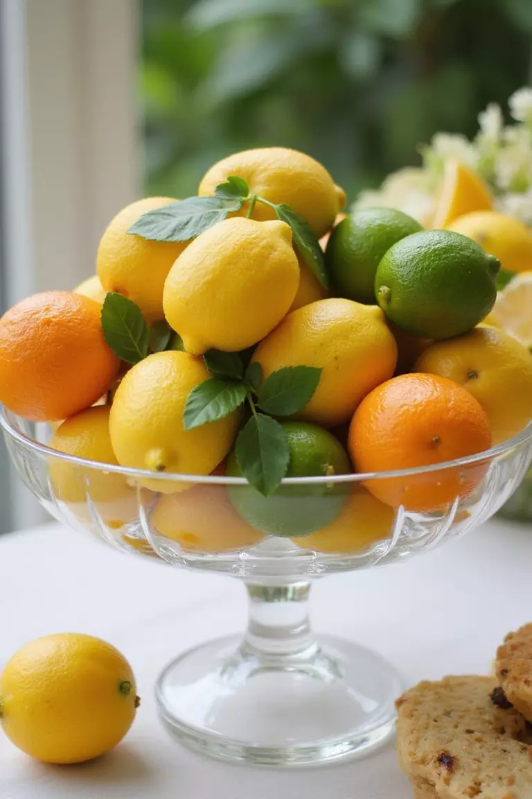 Fruit Bowl Beauty A professional photo, similar to a photo in a wedding magazine, of a clear glass compote bowl overflowing with bright lemons, limes, and oranges, accented with green leaves.