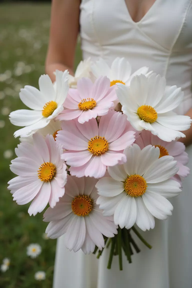 Cosmos Creation A professional photo, similar to a photo in a wedding magazine, of a light, airy bouquet featuring delicate cosmos flowers in white and pink with yellow centers. Meadow setting background. No text.