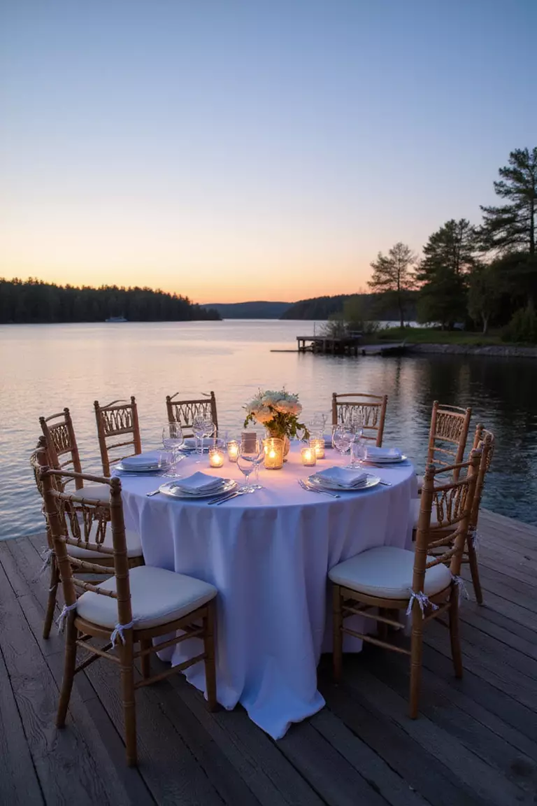 Find A Waterfront Venue A professional photo, similar to a photo in a wedding magazine, of a wedding reception setup on a dock overlooking a calm blue lake or ocean at sunset.
