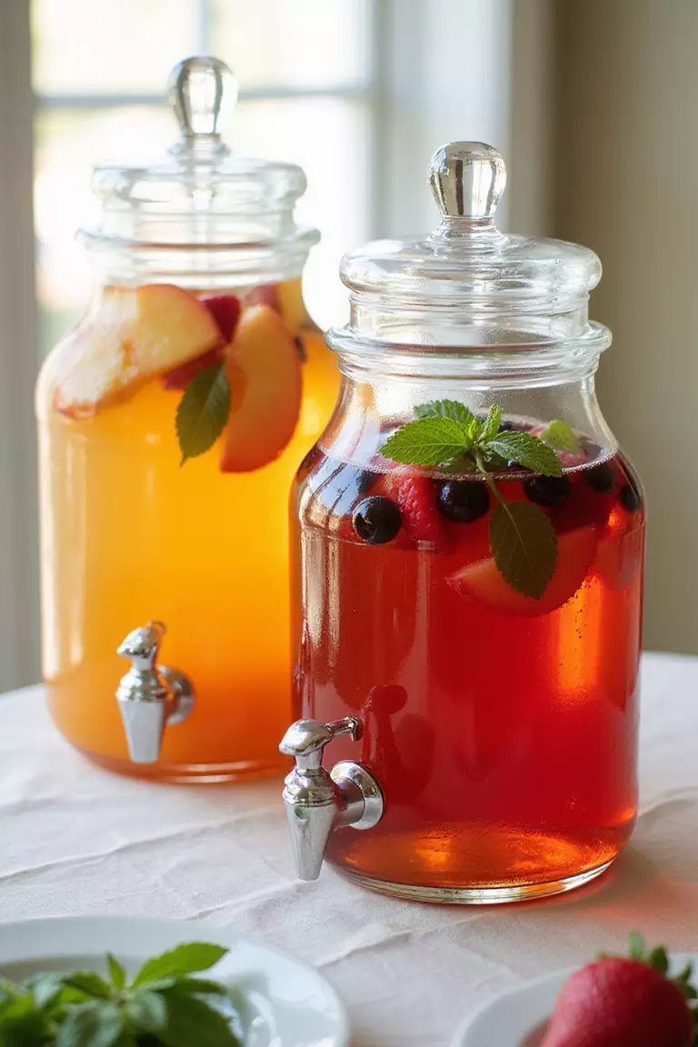 Offer Iced Tea Options A professional photo, similar to a photo in a wedding magazine, of glass dispensers filled with colourful iced tea, one peach and one berry, garnished with fresh fruit slices and mint sprigs.
