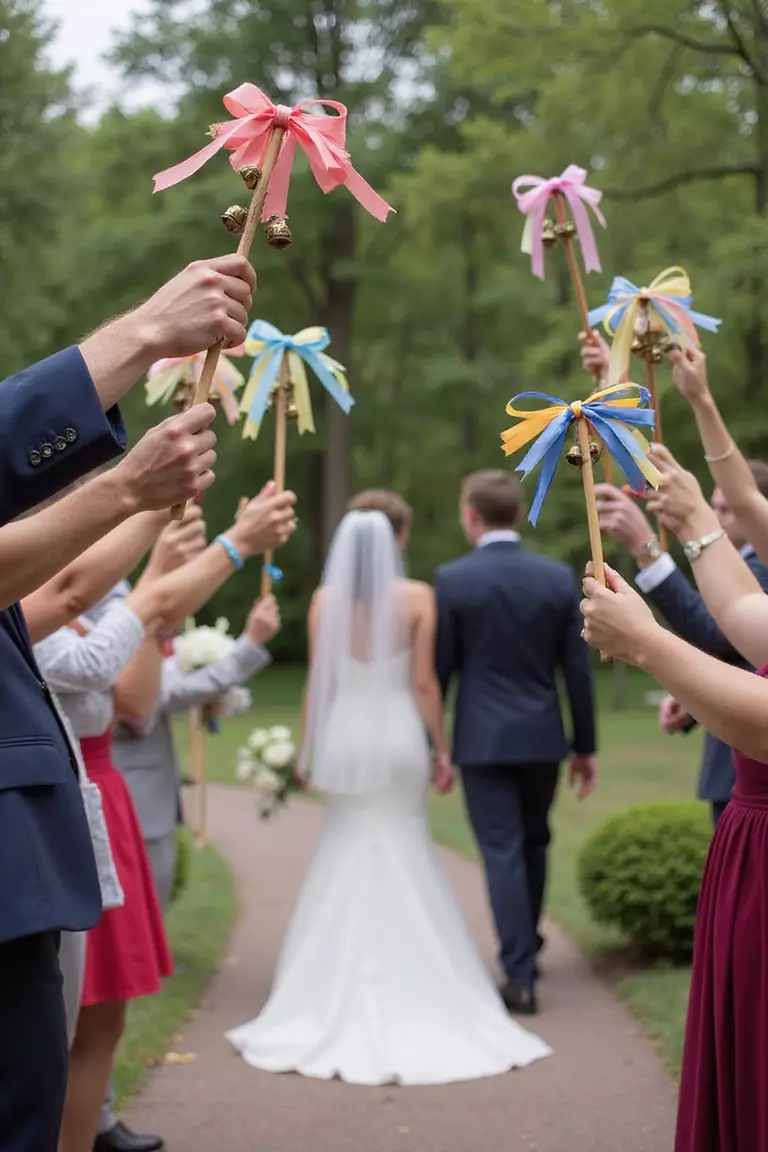 Ribbon Wand Send-Off A professional photo, similar to a photo in a wedding magazine, of wedding guests waving colorful ribbon wands with small bells attached as the couple walks past.