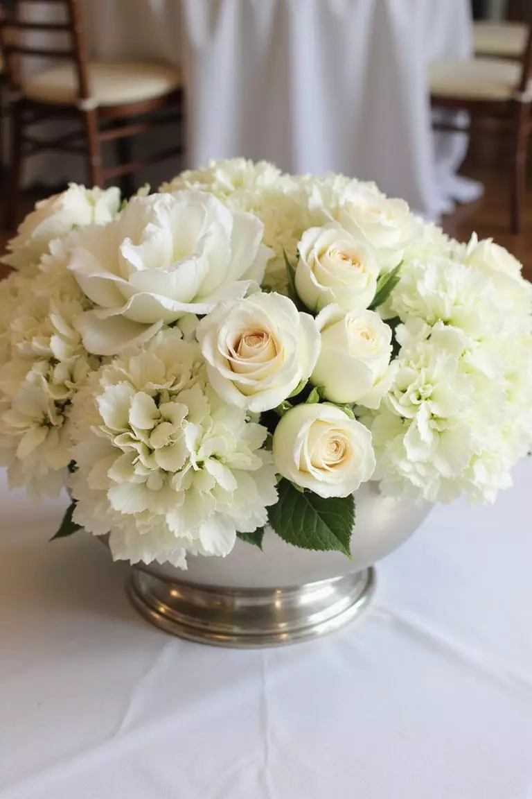 Classic White Florals A professional photo, similar to a photo in a wedding magazine, of an abundant wedding centerpiece composed entirely of white roses, hydrangeas, and peonies in a low silver bowl on a crisp white tablecloth.