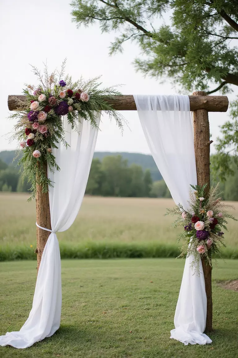 Rustic Ceremony Arch A professional photo, similar to a photo in a wedding magazine, of a wedding ceremony arch made of rough-hewn wood logs, decorated with white drapes and wildflowers.