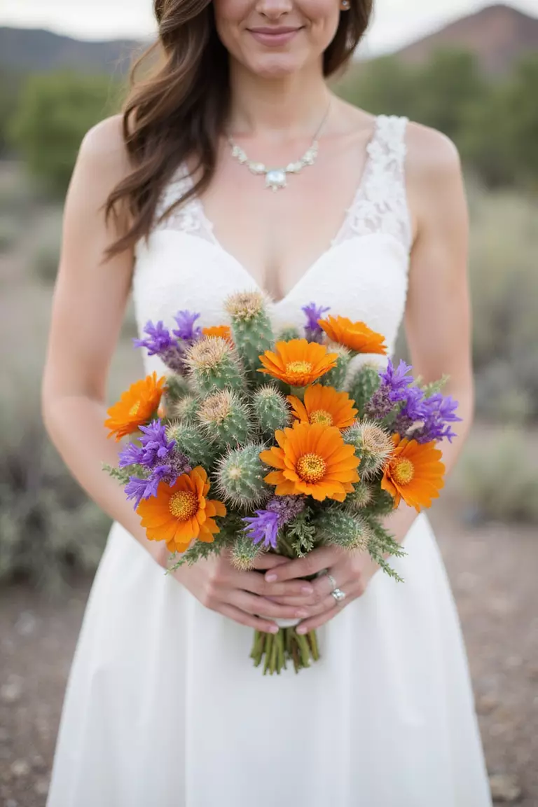 Desert Bloom Beauty A professional photo, similar to a photo in a wedding magazine, of a bride holding a bouquet combining desert wildflowers like orange desert marigold, purple verbena, and prickly pear cactus pads (spines removed).