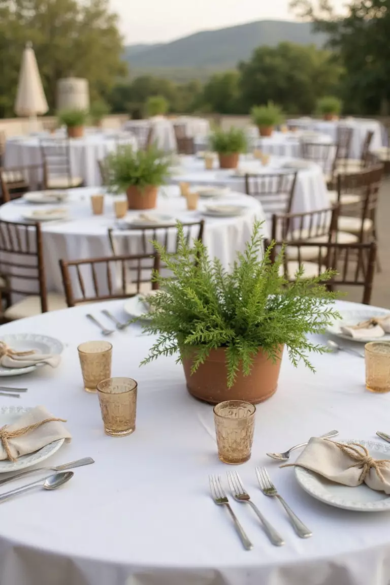 Sustainable Wedding Choices A professional photo, similar to a photo in a wedding magazine, of wedding tables decorated with potted herbs as centerpieces and reusable linen napkins tied with simple twine.