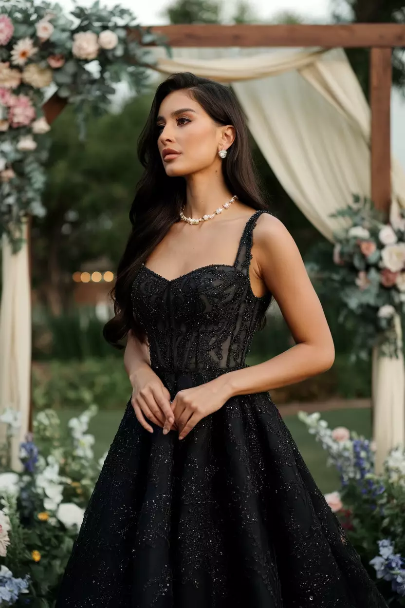 Simple Black Midi Dress A beautiful woman in a stylish simple black midi dress, elegant for a summer evening wedding reception.