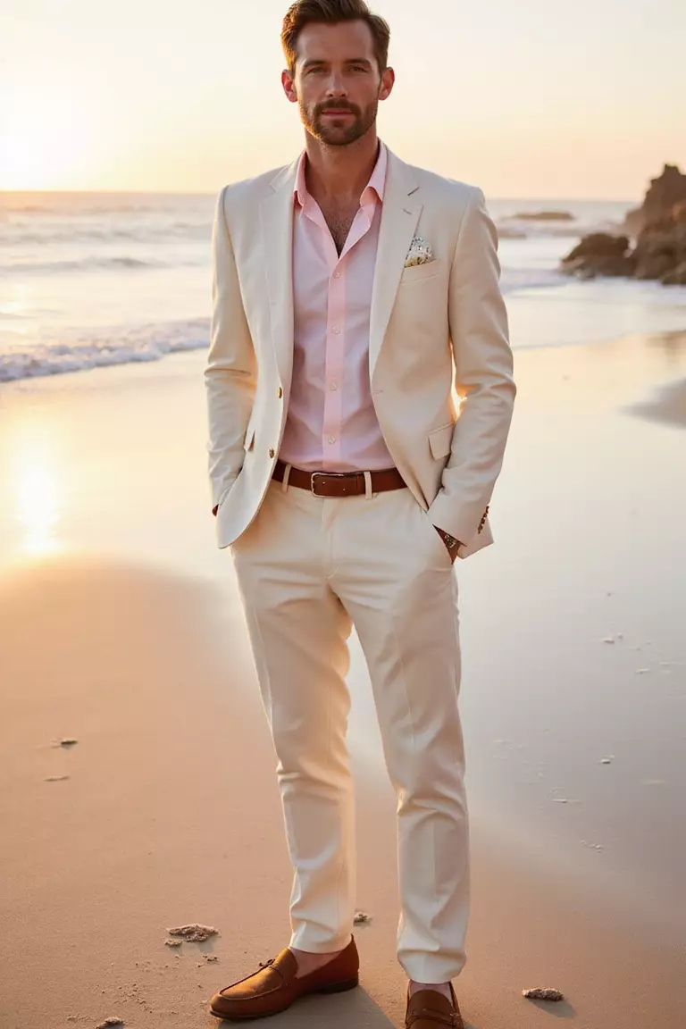 Cream Linen Suit A professional photo, similar to a photo in a wedding magazine, of a man wearing a cream linen suit with a light pink shirt, no tie, and tan loafers at a sunset beach wedding