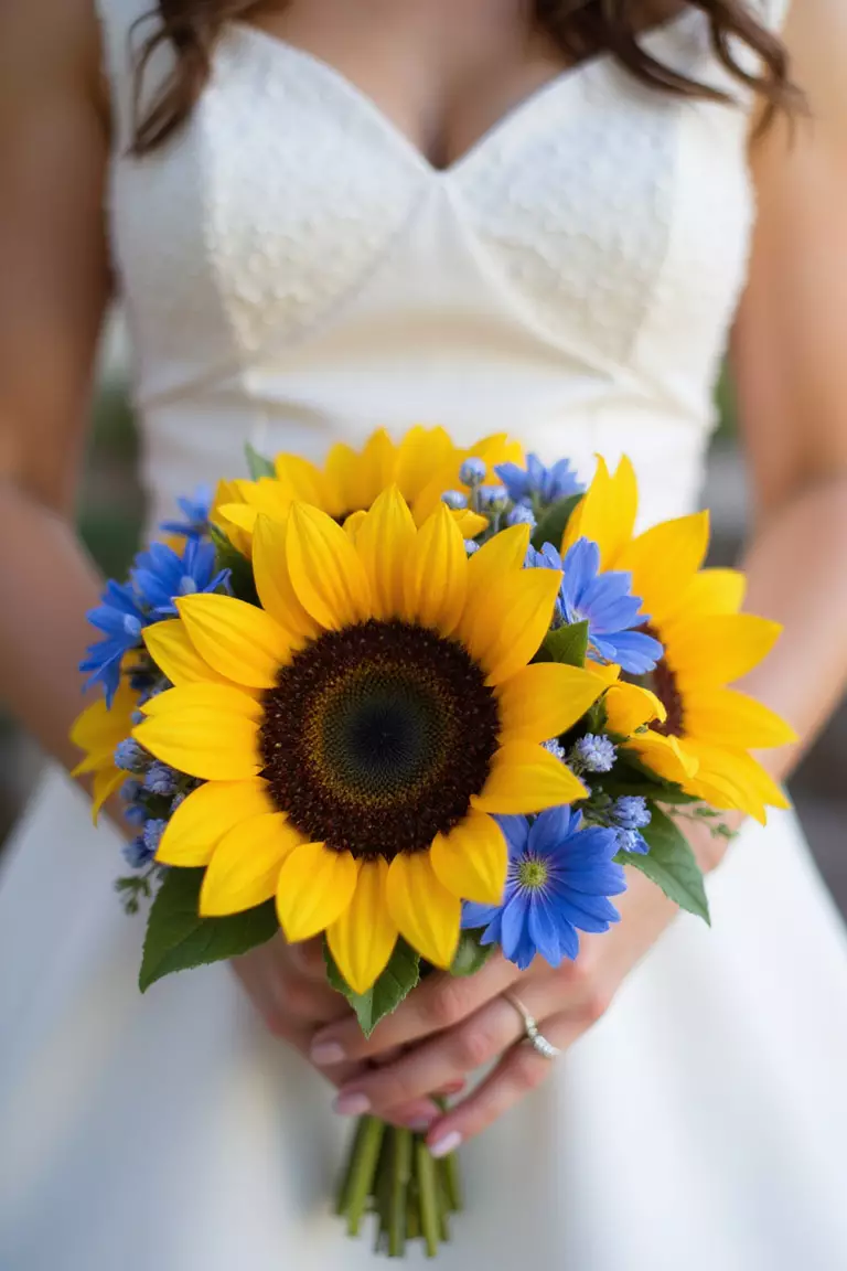 Sunflowers With Blue Accents A professional photo, similar to a photo in a wedding magazine, of a bride holding a sunflower bouquet accented with small blue flowers like cornflowers or delphinium, offering a striking color contrast.