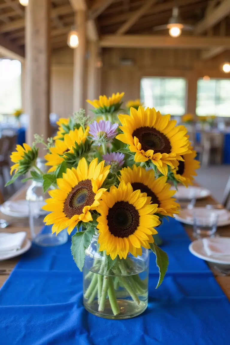 Sunflower Yellow And Royal Blue A professional photo, similar to a photo in a wedding magazine, of bright sunflower centerpieces contrasting against royal blue table runners at an outdoor barn wedding. Rustic wood elements.